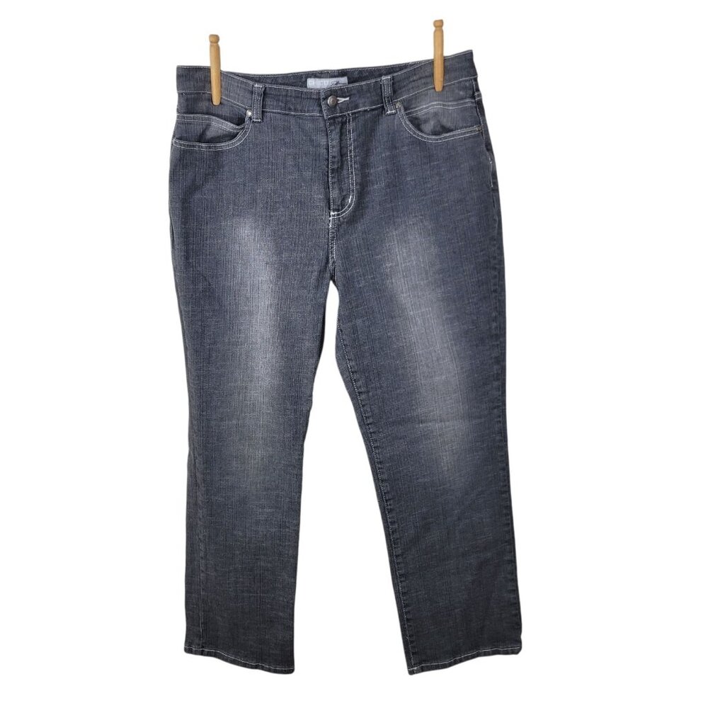 CHICOS Platinum Denim Jeans Size 2.5 Short 14 38" Waist Blue Boot Cut Grey Wash